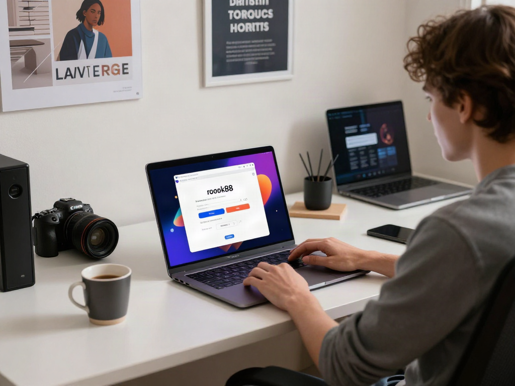 User accessing the rokok88 login on a sleek laptop in a modern office setup, inspiring a productive atmosphere.