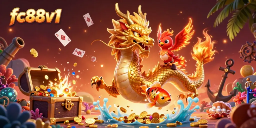 Experience thrilling gameplay at fc88v1 with a vibrant dragon scene featuring coins and magic, inviting players to win.