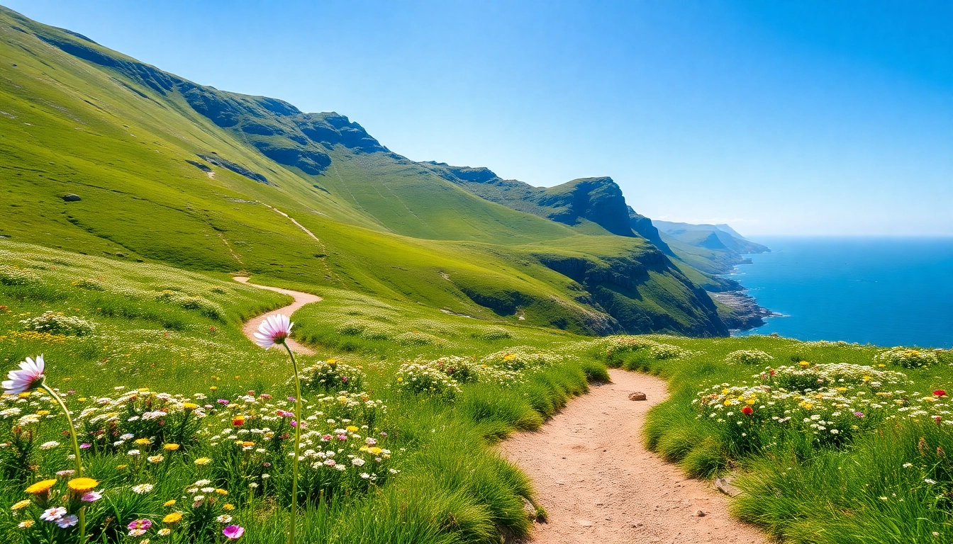 Wanderer auf dem Dingle Way Fernwanderweg genießt die atemberaubende Landschaft mit blühenden Wildblumen.
