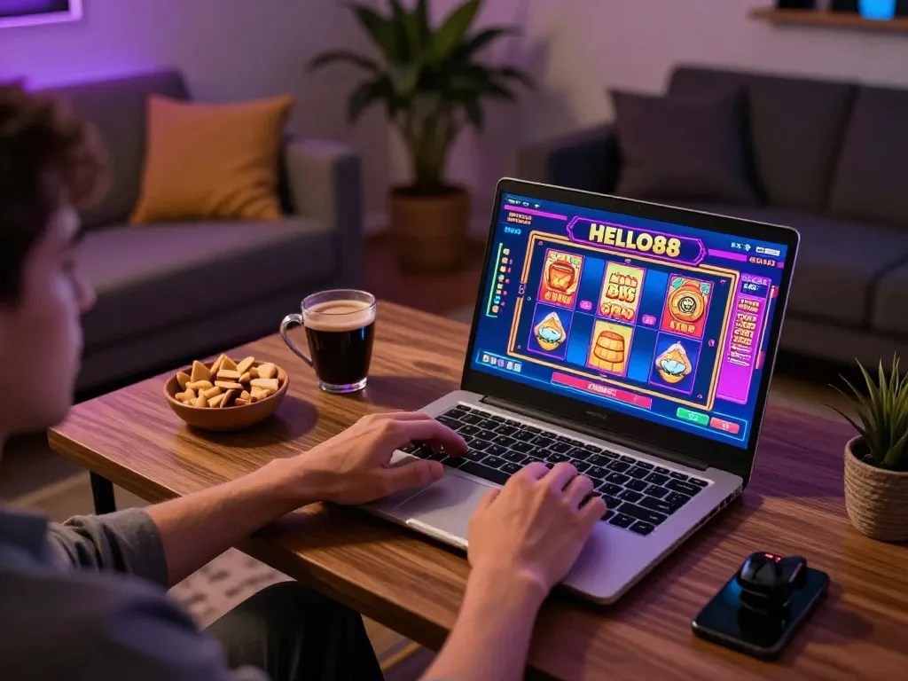 Engaging player enjoying HELLO88 slot games on laptop in cozy home setting.