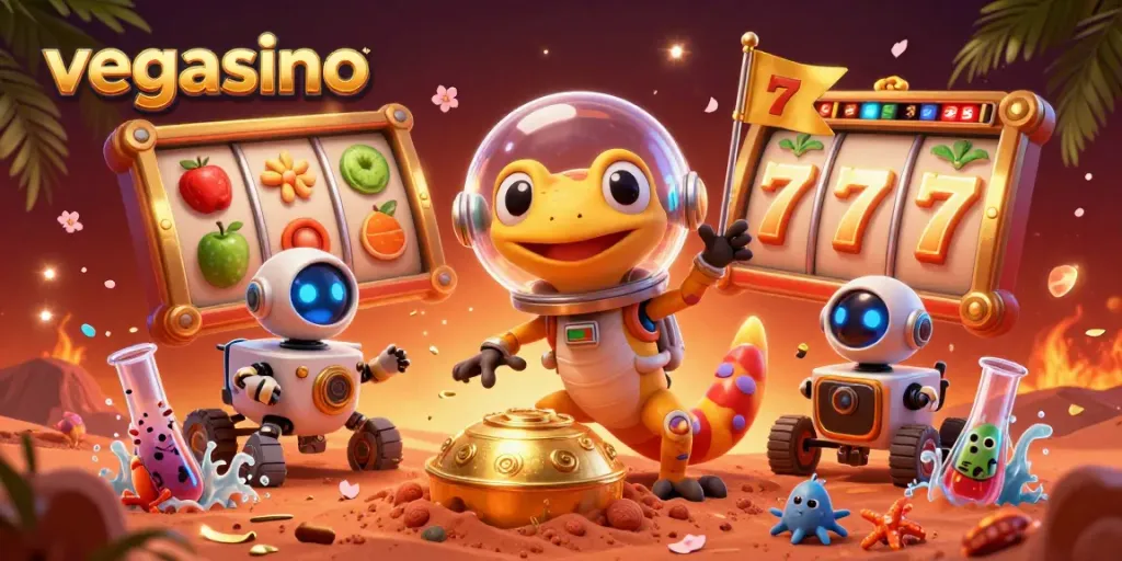 Spin lucky slots at vegasino with a Martian gecko discovering a golden casino.