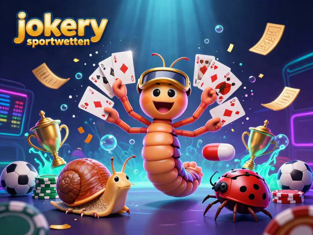 Engage in jokery sportwetten with a lively illustration featuring a cartoon dealer and vibrant sports elements.