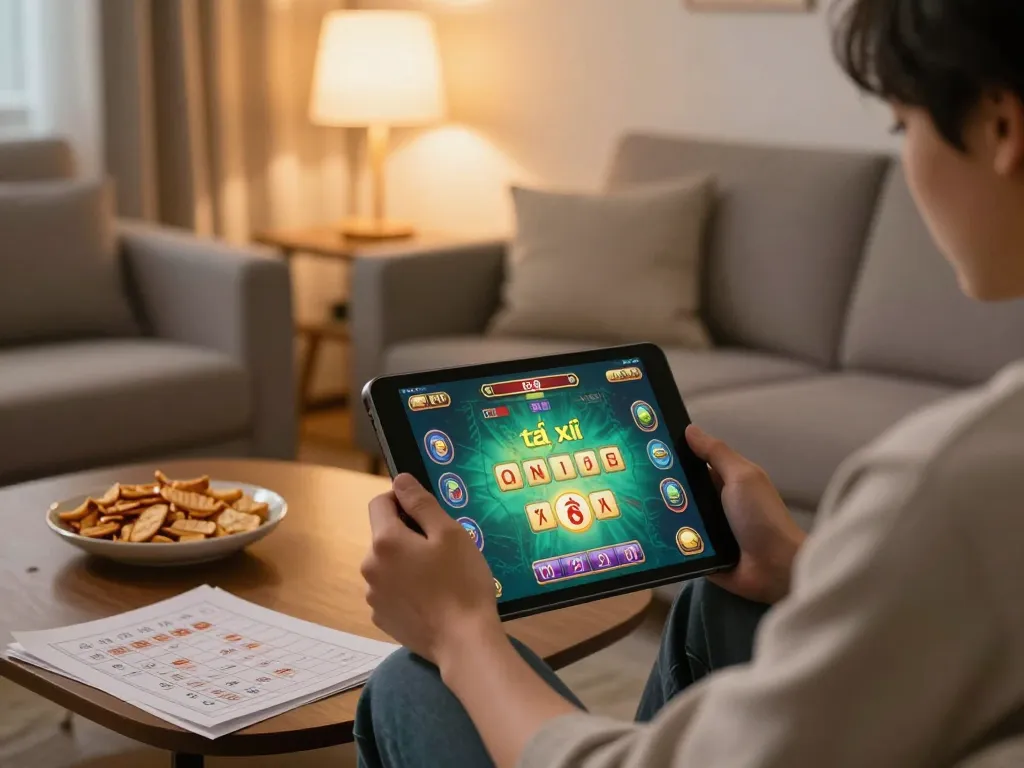 Engaged player enjoying game tài xỉu online on a tablet in a cozy home setting.