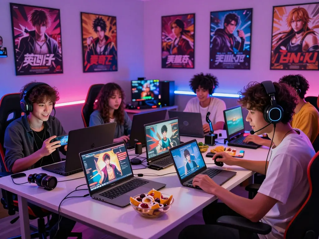 A diverse group of gamers enjoying engaging online porn game experiences across multiple devices in a vibrant gaming room.