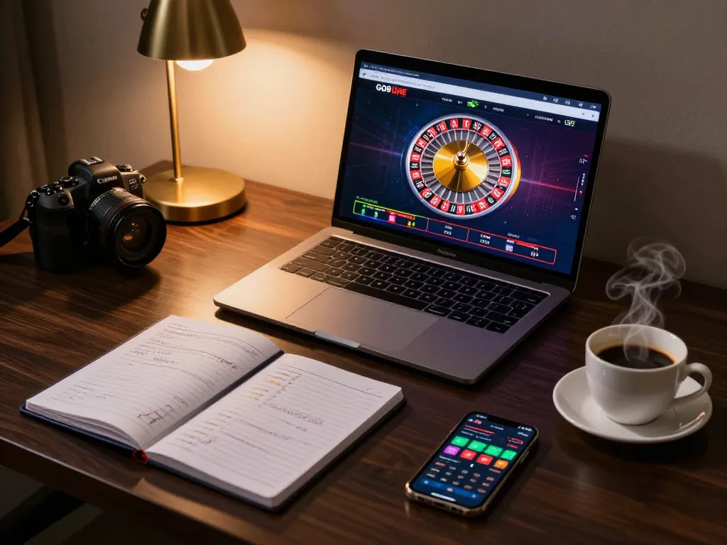 Engaging session on the GO8 platform, showcasing strategic online casino gameplay with a laptop and betting app.