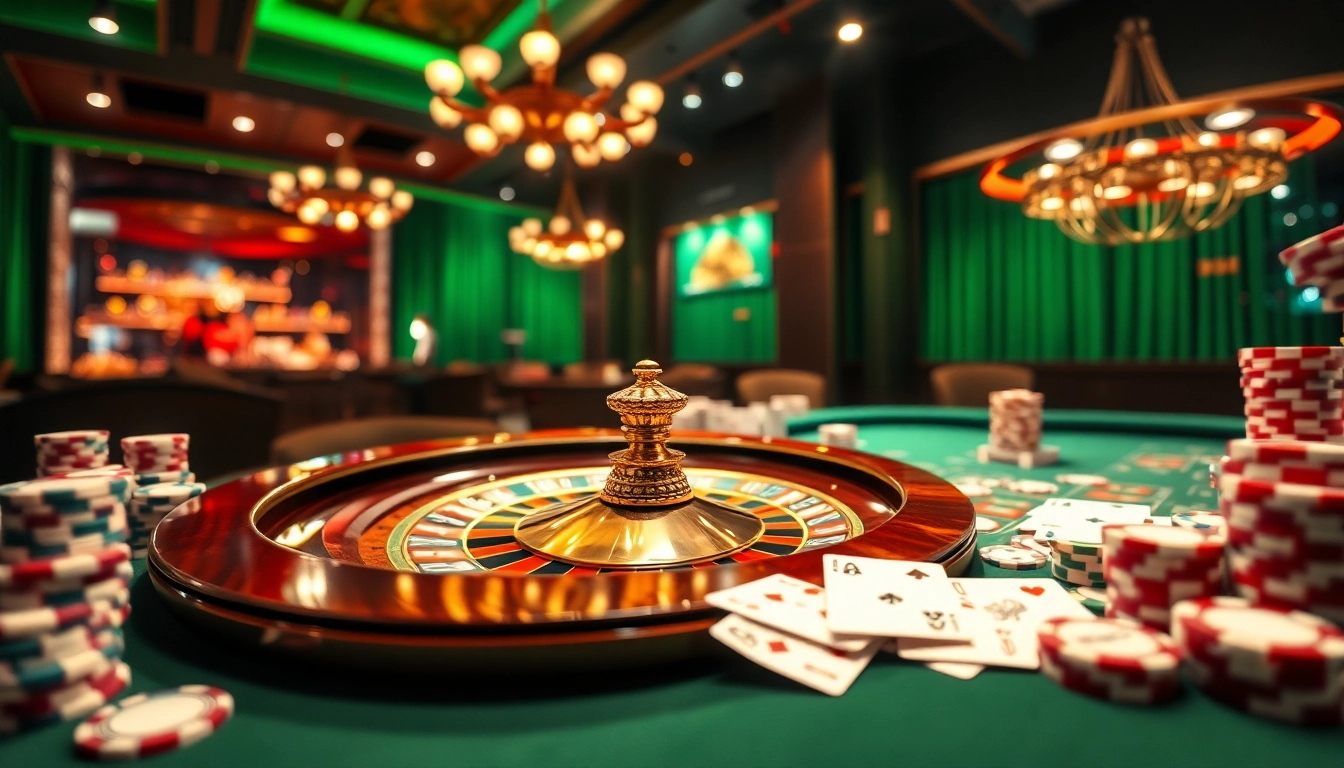 Erleben Sie casinospielen mit einem aufregenden Roulette-Rad und bunten Chips und Karten.
