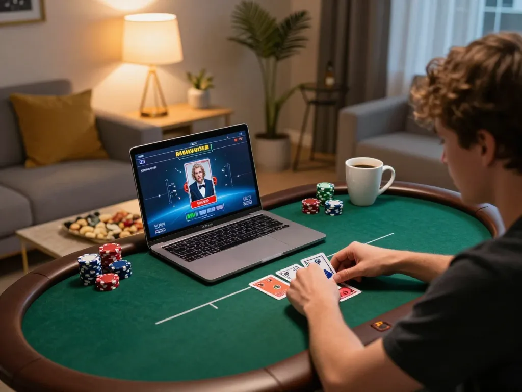 Player enjoying online poker at home on 98win platform, showcasing strategic gameplay in a cozy setting