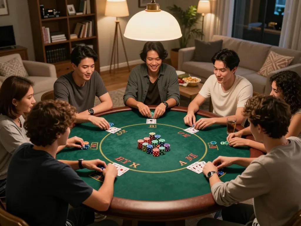 Friends enjoying a poker night at home, showcasing a cozy atmosphere on trang chủ dn88.