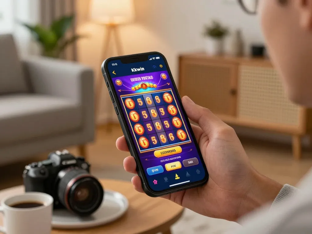 Kkwin player enjoying a vibrant slot game on a smartphone in a cozy home setup