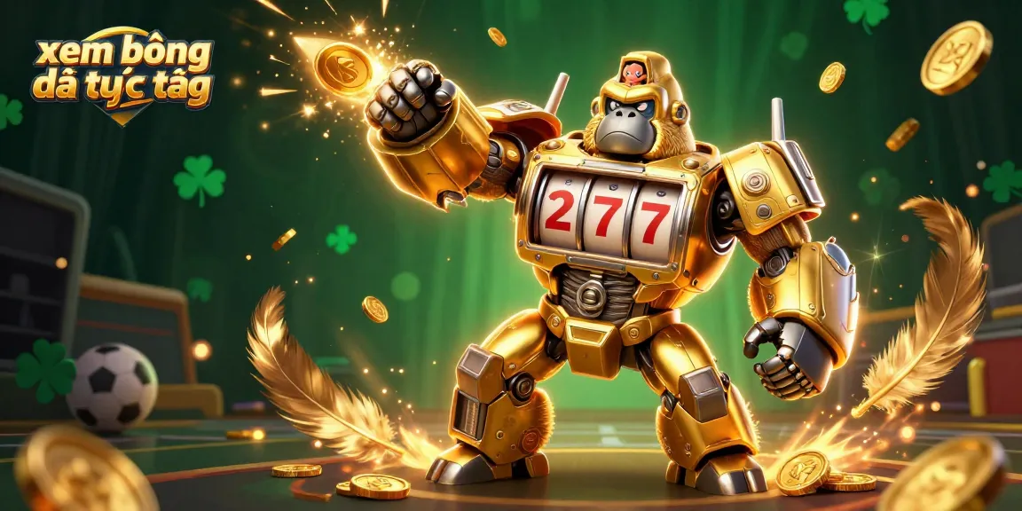 Experience xem bóng đá trực tiếp with exciting visuals of a golden gorilla mech and energetic sports elements.