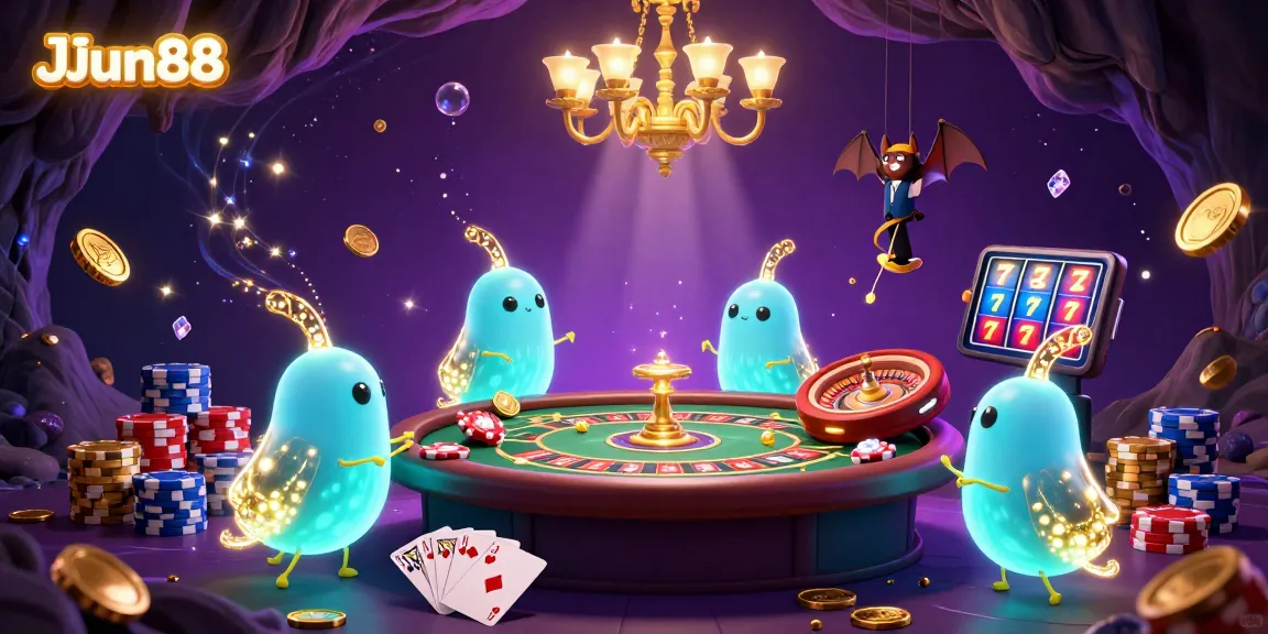 Experience thrilling moments at JJun88 with glowing casino creatures lighting up the scene filled with rich gaming elements.