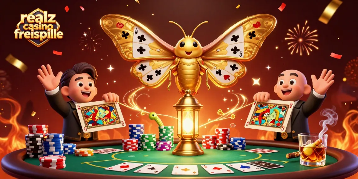 Erlebe die realz casino freispiele in einer festlichen 3D-Illustration mit Spielkarten und Chips.
